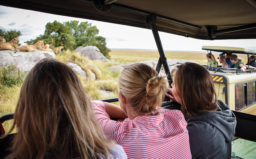 women looking out of safari vehicle