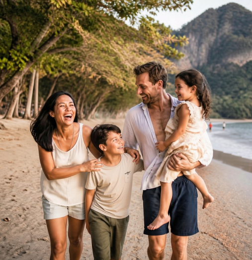 Family on holiday on a beach in Thailand
