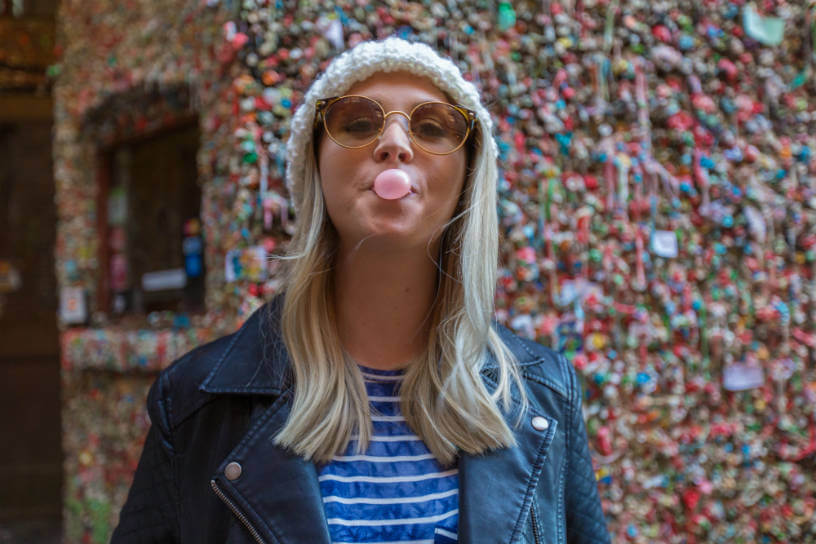 Jess at the Market Theatre gum wall in Seattle