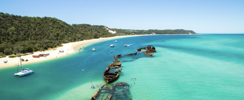 Aerial view of shipwrecks on Moreton Island, Australia