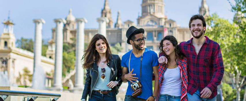 Group of happy friends walking together