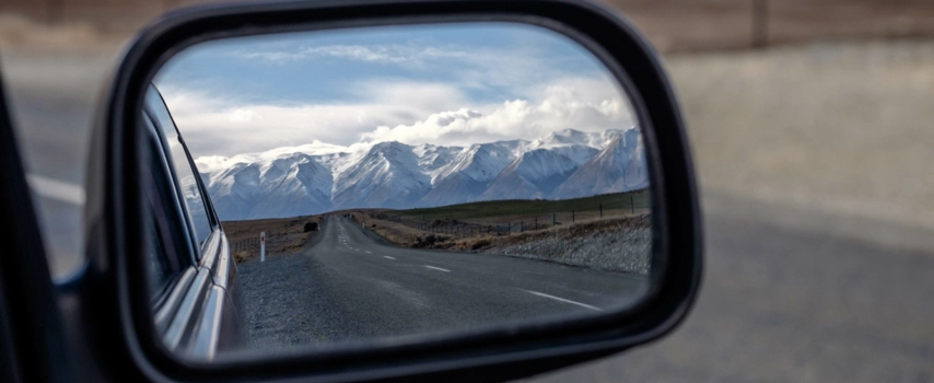 Side view mirror photo of mountains, New Zealand