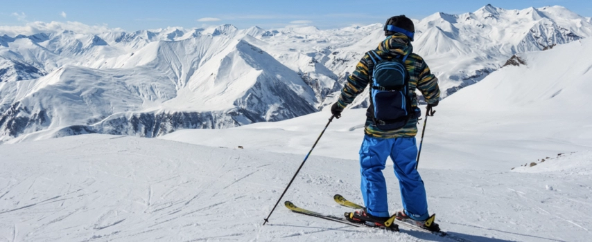 Skier standing in front of snowy mountains